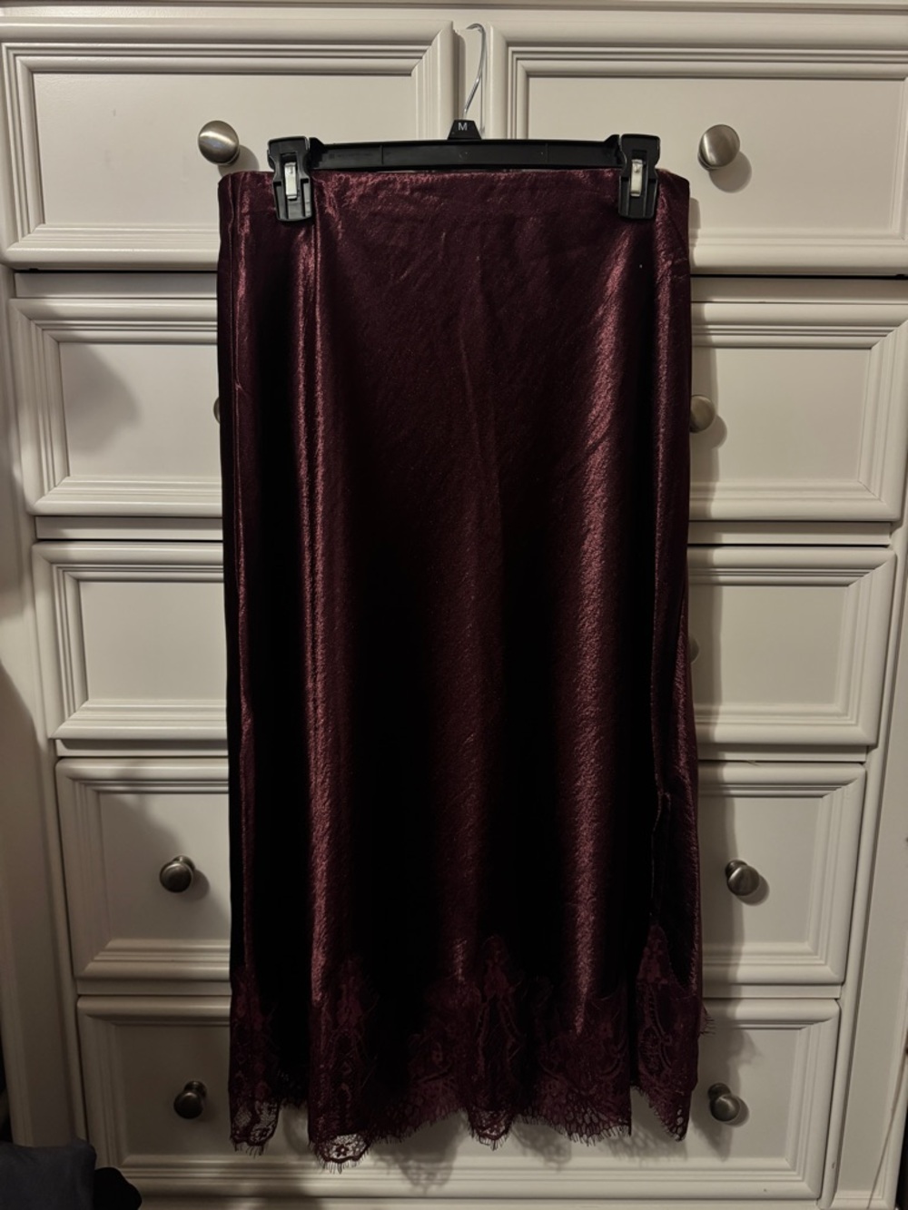 Satin Lace-Hem Midi Skirt - Burgundy